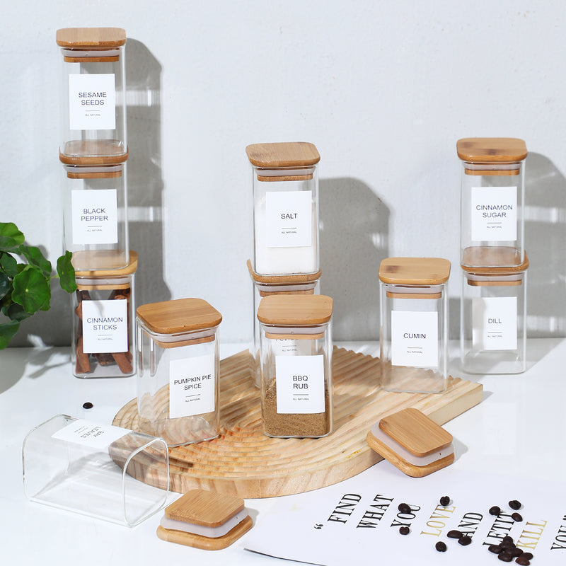 12-Piece Square Glass Spice Jar Set with 72 Labels