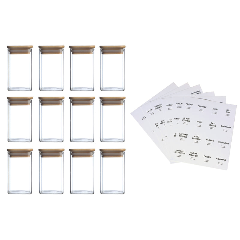 12-Piece Square Glass Spice Jar Set with 72 Labels